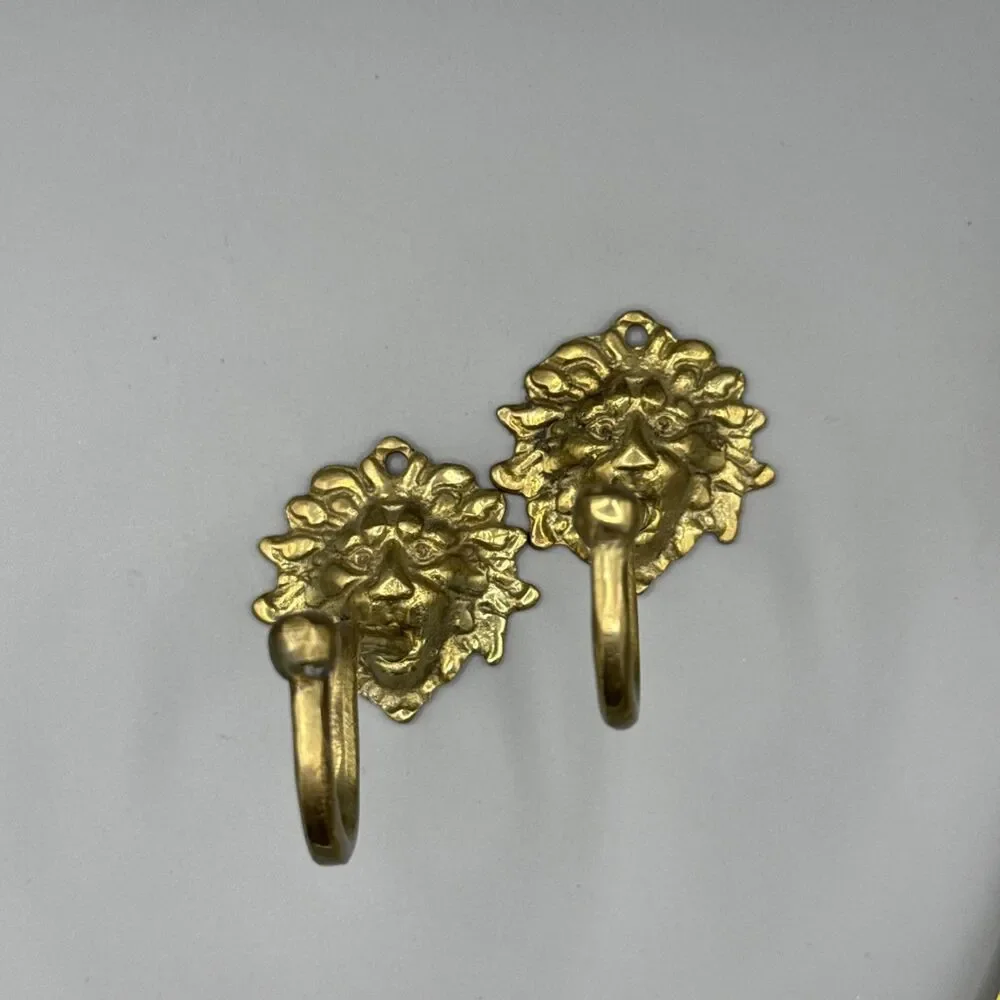 Vintage Brass Lion Head Curtain Holdbacks Tiebacks Wall Hooks Pair Mid Century